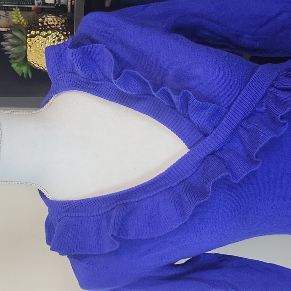 BANANA REPUBLIC Blue Extra Fine Merino Wool Ruffle V-neck 3/4 Sleeve Sweater - Picture 2 of 11